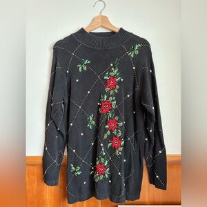 Vintage Victoria Jones holiday Sweater with embroidered poinsettias and beading
